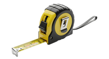 Yellow and black tape measure isolated on transparent background, a common tool used for measuring length and distance in various construction and diy projects