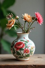 Handmade Ceramic Vase with Floral Pattern on Rustic Wooden Table - Home Decor