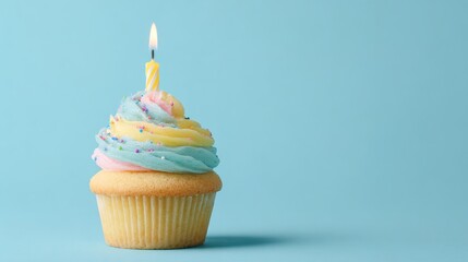 cupcake. A solitary birthday cupcake topped with frosting and a candle, set against a soft pastel backdrop. symbolizing life milestones and joyful moments.