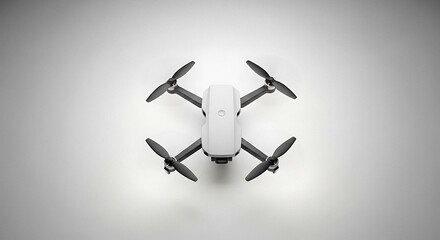 Aerial view of a small white drone with four propellers on a plain white background in a studio setting