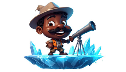 Cheerful African Explorer Cartoon Character with Telescope on Ice Platform Transparent Vector