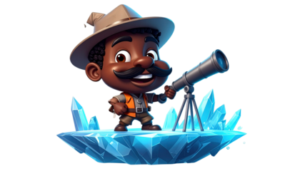 Cheerful African Explorer Cartoon Character with Telescope on Ice Platform Transparent Vector