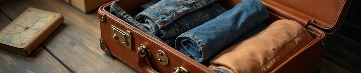 Vintage Brown Leather Suitcase Open, Revealing Folded Clothes and Travel Accessories; Nostalgia, Adventure, Journey, Getaway