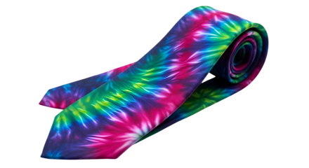 A vibrant tiedye necktie isolated on transparent background, featuring a swirling pattern of blue, green, and pink, perfect for adding a pop of color