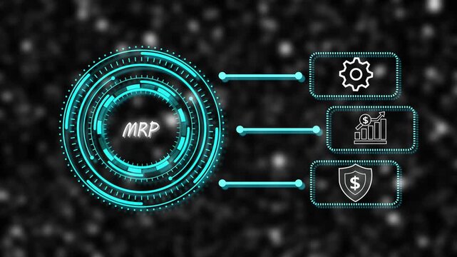 Futuristic Digital MRP Infographic Animation with Technology Interface Elements, Data Gear Icons, Secure Shield, Finance Growth Chart, and Modern Blue Neon HUD Design