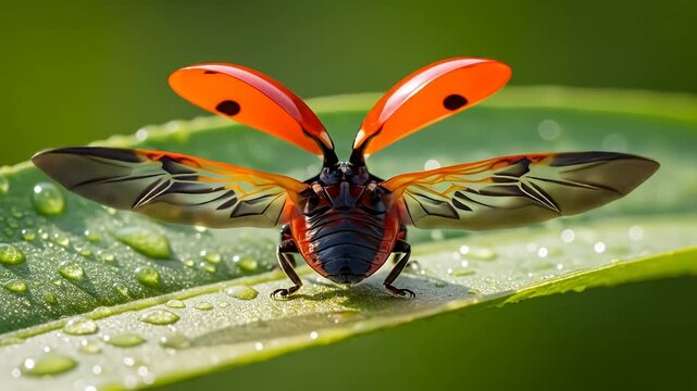Colorful bug on a leaf with water droplets opens wings in a macro shot