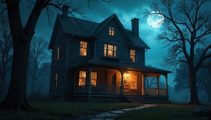 Terrifyingly Realistic Scream House Exterior at Night Ominous Shadows, Flickering Lights, Cobwebs - Perfect for Halloween Horror and Thriller Projects