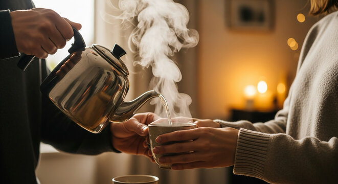 Steaming Hot Beverage Being Poured From A Kettle Into A Mug Held By Two People