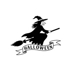Halloween Witch Flying on Broomstick with Banner Black and White Illustration