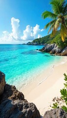Sun-Drenched Turquoise Waters Lap Pristine Beach  Inviting Exploration of Vibrant Coral Reefs and Thrilling Watersports. Perfect for Travel Brochures & Websites.