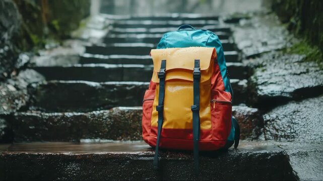 Colorful backpack resting on wet stone steps in a forest during a rainy day