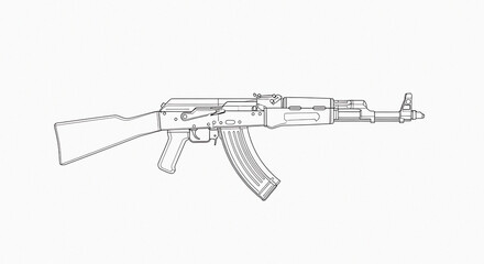 A detailed line drawing of an ak rifle with a magazine on a plain white background in high resolution