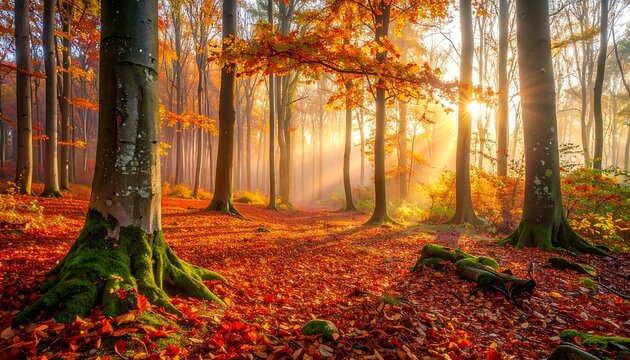 Forest scene bathed in sunlight, showcasing vibrant autumn foliage