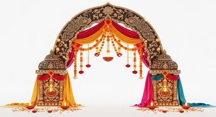 Fototapeta premium A traditional Indian wedding arch decorated with colorful fabric and ornaments, set against a white background.
