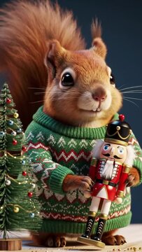 Adorable red squirrel in festive Christmas sweater holding nutcracker toy.