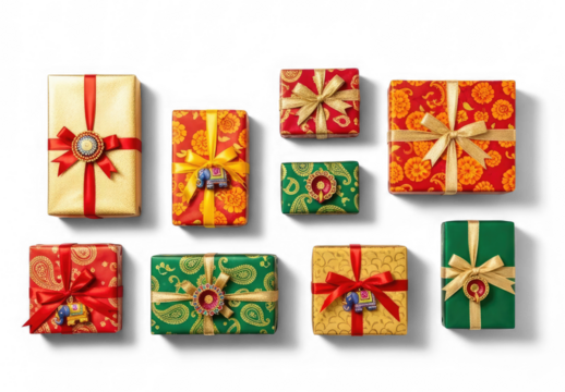 A collection of beautifully wrapped presents with intricate designs and vibrant colors, arranged in a grid pattern on a png transparent.