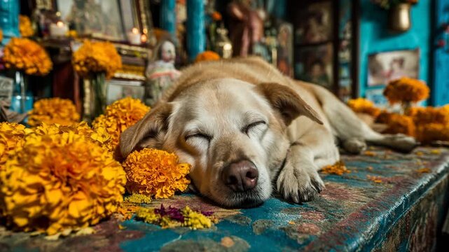 Day Of The Dead, Peaceful Dog Sleeping Among Vibrant Marigold Flowers at Colorful Altar, Creating Serene Atmosphere