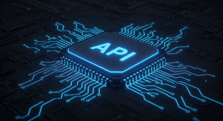 Glowing api text on a microchip with circuit board connections.