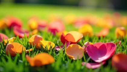 Vibrant Flower Petals Scattered on Sunny Green Grass A Delightful SpringSummer Nature Scene