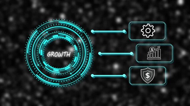 Futuristic Digital Business Growth Infographic Animation with Technology Interface Elements, Data Gear Icons, Economic Shield Security and Progress Chart in Glowing Blue Neon HUD Style 4k vedio