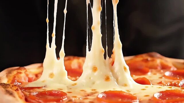 Appetizing hot pepperoni pizza slice with abundant, gooey melted mozzarella cheese stretching into tempting strings, emphasizing its freshly baked texture and irresistible deliciousness