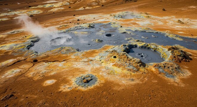 Aerial view of geothermal mud pools and fumaroles in iceland's hverir area