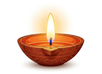 A lit Diya (oil lamp) with a flame in a decorative container, set against a png transparent.