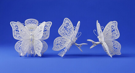 Three white butterfly hair clips with intricate designs on a blue background in a studio setting