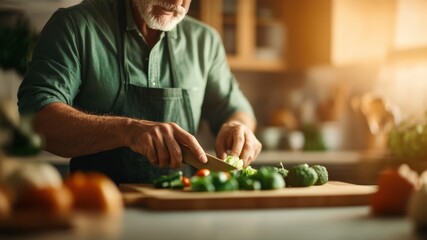 Senior man with beard in kitchen apron chopping fresh organic broccoli and green vegetables on wooden board using knife for healthy wholesome home cooking and active lifestyle retirement hobby