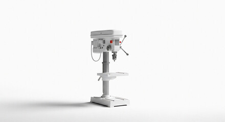 A white drill press machine isolated on a white background in a studio setting with soft lighting