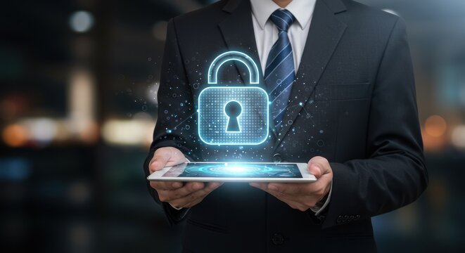 Man in suit holds tablet with padlock hologram cybersecurity concept.