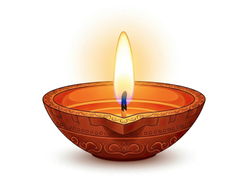 A lit Diya (oil lamp) with a flame in a decorative container, set against a png transparent.