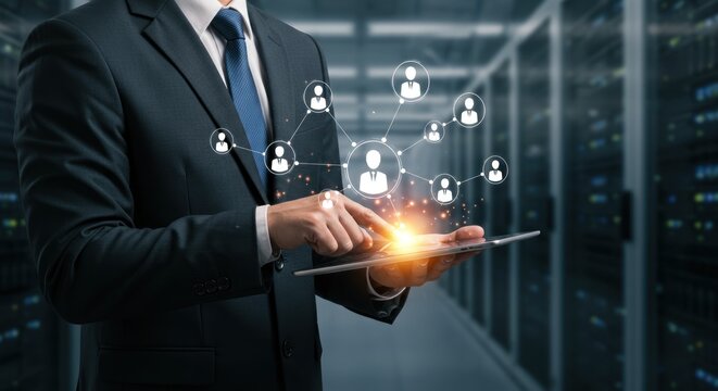 Businessman using tablet with digital network in a server room environment.