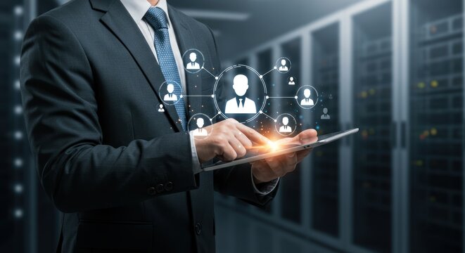Man in suit using tablet with social network icons in server room.