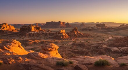 Fototapeta premium Golden hour illuminates eroded desert landscape with unique rock formations