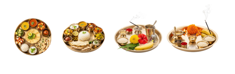 Four traditional Indian thali plates with various food items and decorations.