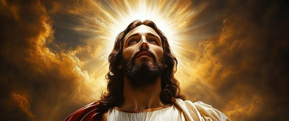 portrait of a man with long hair and beard looking upwards with radiant light and clouds behind creating a divine and spiritual atmosphere