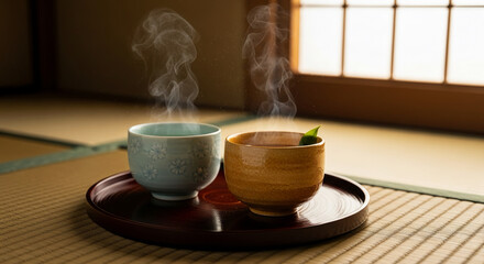Steaming Cups of Tea A Moment of Serenity and Warmth in a Tranquil Setting