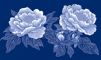 Elegant Blue Peonies in Line Art Style