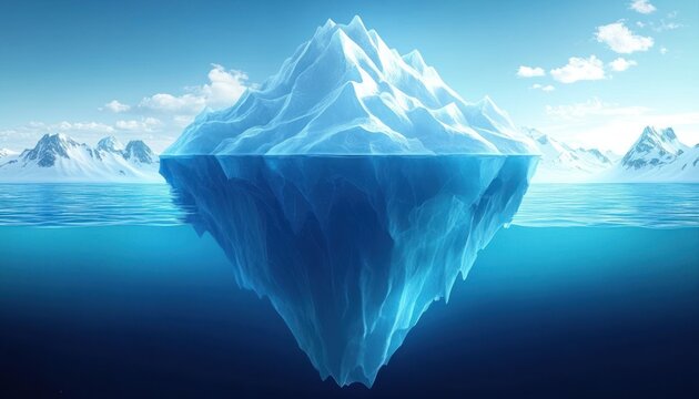 Large iceberg floating in calm ocean water with visible above and below water sections, surrounded by distant snowy mountains under a bright blue sky