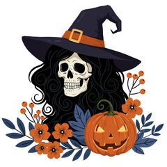 Witch Skull with Jack-o'-lantern and Autumn Florals