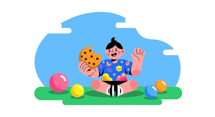 Naklejka premium Joyful Child Munching Cookie Amongst Several Colorful Spheres Surrounded In Sunshine