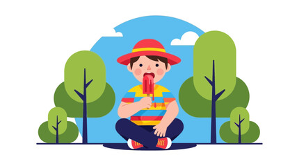 Fototapeta premium Joyful Child Savoring Frozen Treat Amidst Lush Greenery During A Sunny Afternoon