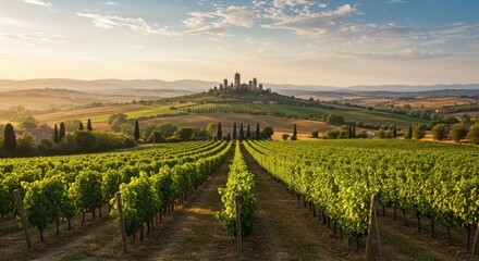 Naklejka premium Tuscan vineyard vista san gimignano towers above rolling hills at sunrise