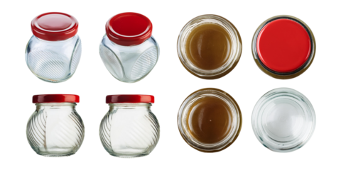 Empty Glass Jars with Red Lids for Creative Use, set collection, mega bundle, isolated on transparent background
