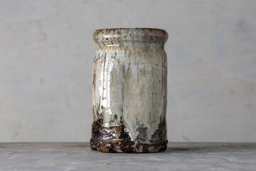 Hagi-yaki Ikebana Hanaire Kabin Kakehanaire Hanging Flower Vase Kiln Variation by Takashi Ajishta Yamaguchi Japan 1990s Vintage