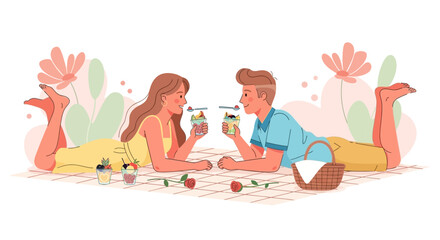 Joyful Couple Sharing Dessert On Picnic Blanket Surrounded By Flowers And Happiness