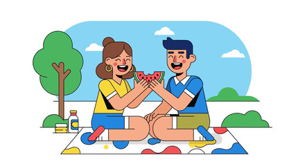 Obraz premium Joyful Couple Sharing Watermelon During a Sunny Picnic Outdoors Celebrating Friendship