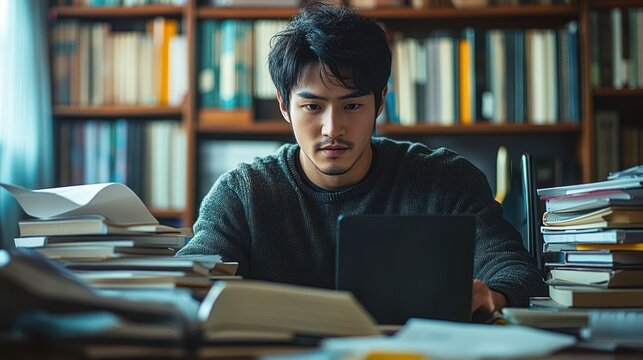 Young man focused on reading a tablet surrounded by stacks of books in a cozy library or study room