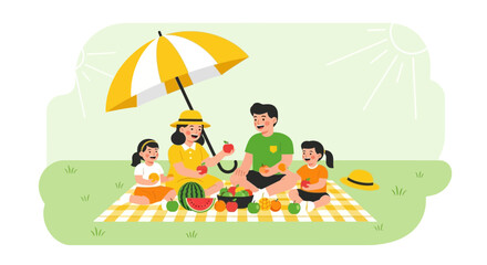 Fototapeta premium Joyful Family Picnic Under A Vibrant Parasol On A Sunny Day Of Togetherness